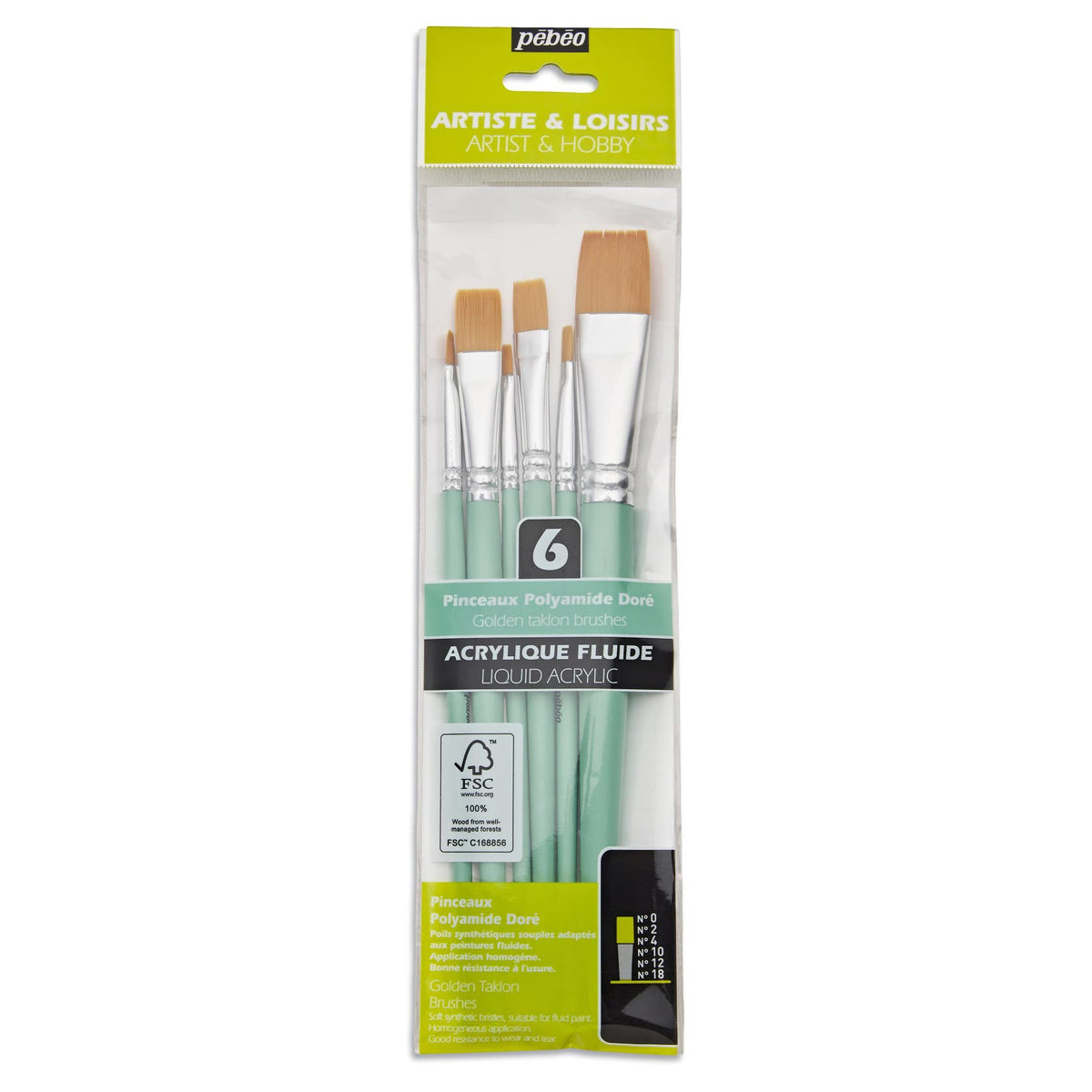 Pebeo Gold Taklon Flat Brush Pack 6