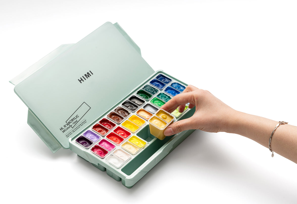 HIMI Twin Cup Jelly Acrylic Paint Set 36 Colours (Green Metallic Case)