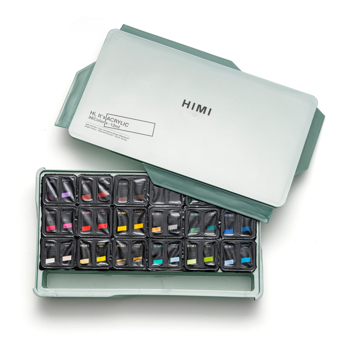 HIMI Twin Cup Jelly Acrylic Paint Set 36 Colours (Green Metallic Case)