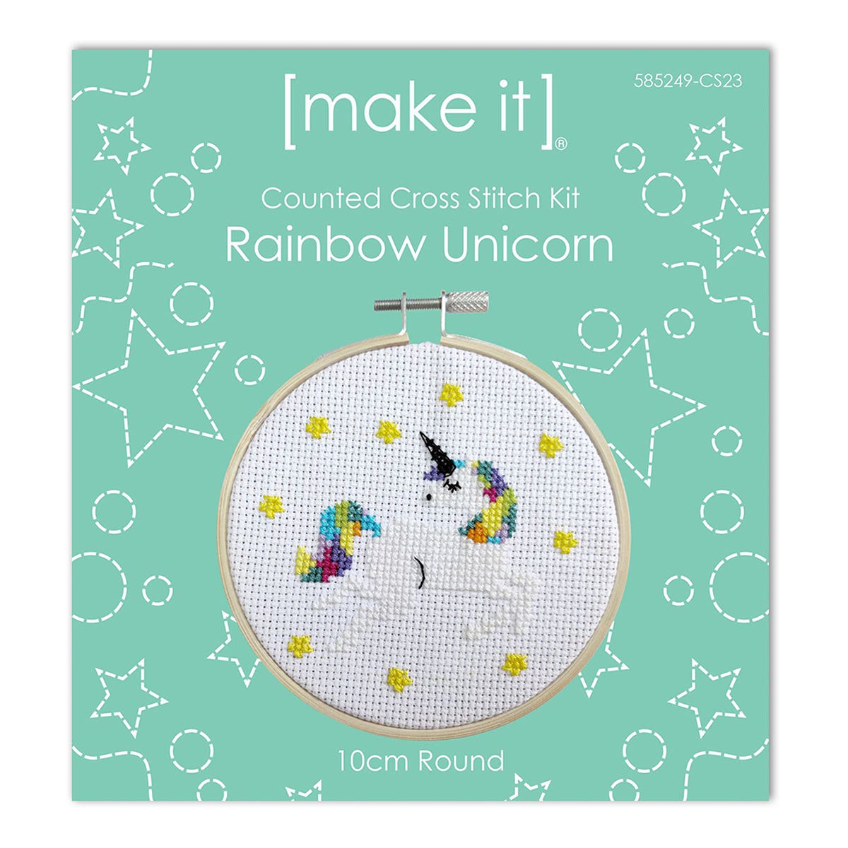 Make It Cross Stitch Kit Round With Hoop 4" Rainbow Unicorn