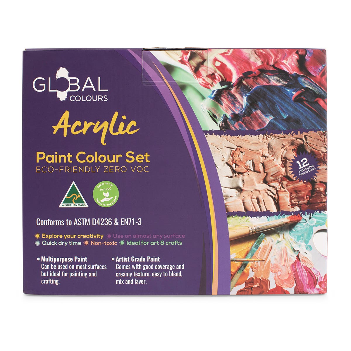 Global Colours Eco-Friendly Fine Art Acrylic Paint Set 12 x 500ml