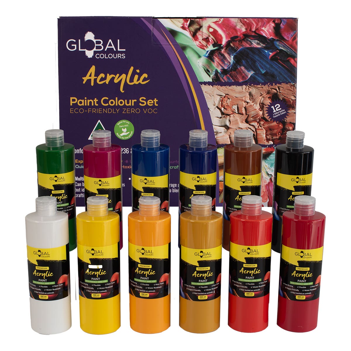 Global Colours Eco-Friendly Fine Art Acrylic Paint Set 12 x 500ml