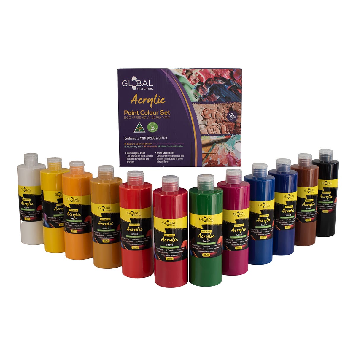 Global Colours Eco-Friendly Fine Art Acrylic Paint Set 12 x 500ml