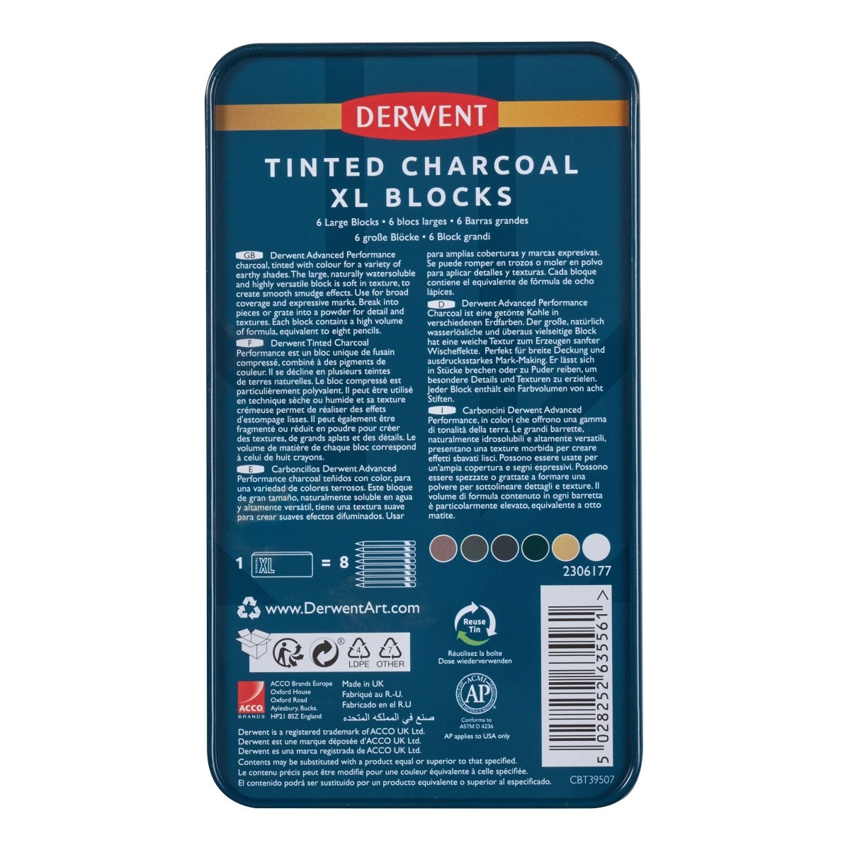 Derwent XL Tinted Charcoal Block Tin Set 6